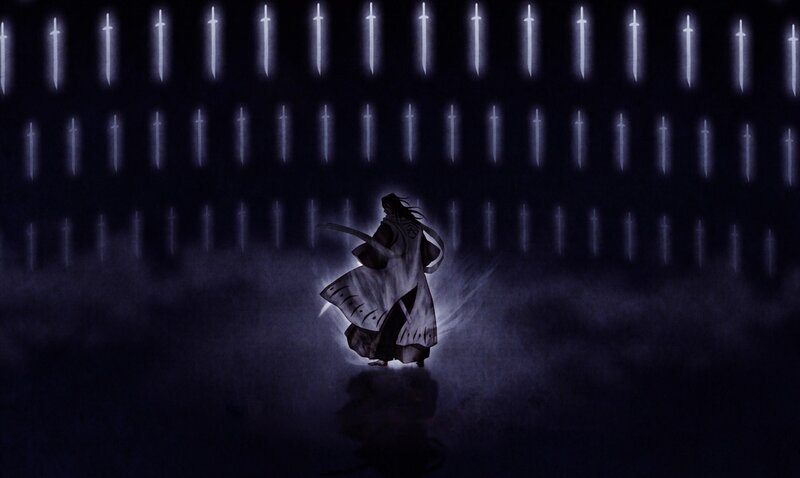Anime Character with Sword — Black, Dramatic, Night, Dark Background, Light Beams