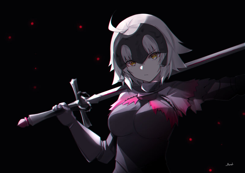 Anime Character with Sword — Black, Dramatic, Night, Digital Art, Armor, Red Lights