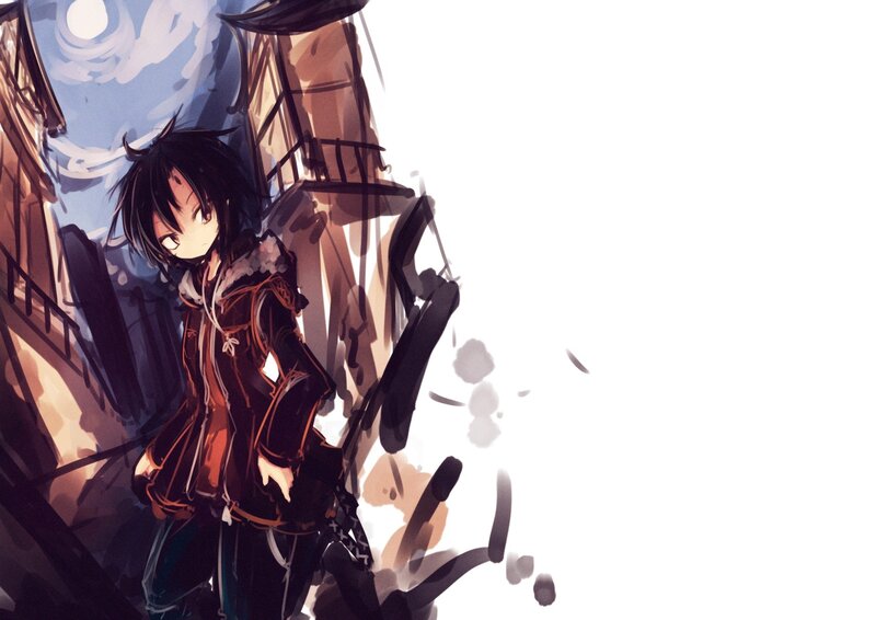 Anime Character with Sword — Black, Dramatic, Night, Digital Art, Building