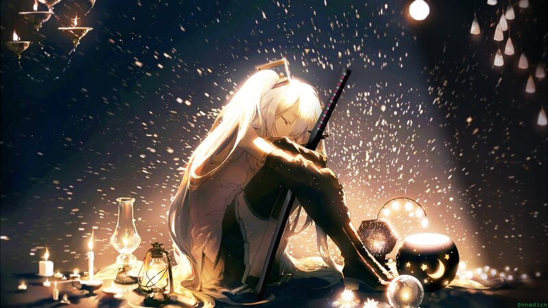 Anime Character with Sword — Black, Dramatic, Night, Digital Art, Candles
