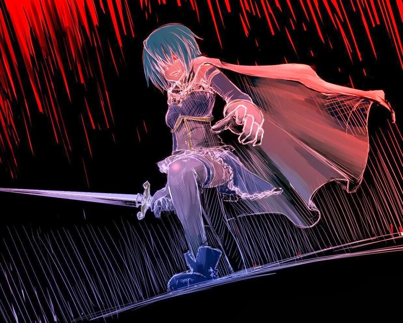 Anime Character with Sword — Black, Dramatic, Night, Digital Art, Cape, Rain