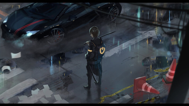 Anime Character with Sword — Black, Dramatic, Night, Digital Art, Car