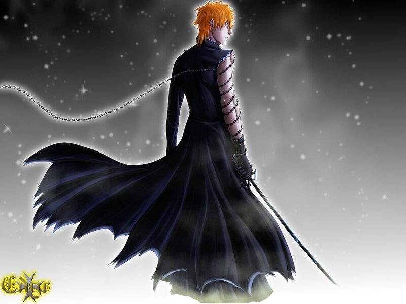 Anime Character with Sword — Black, Dramatic, Night, Digital Art, Chain