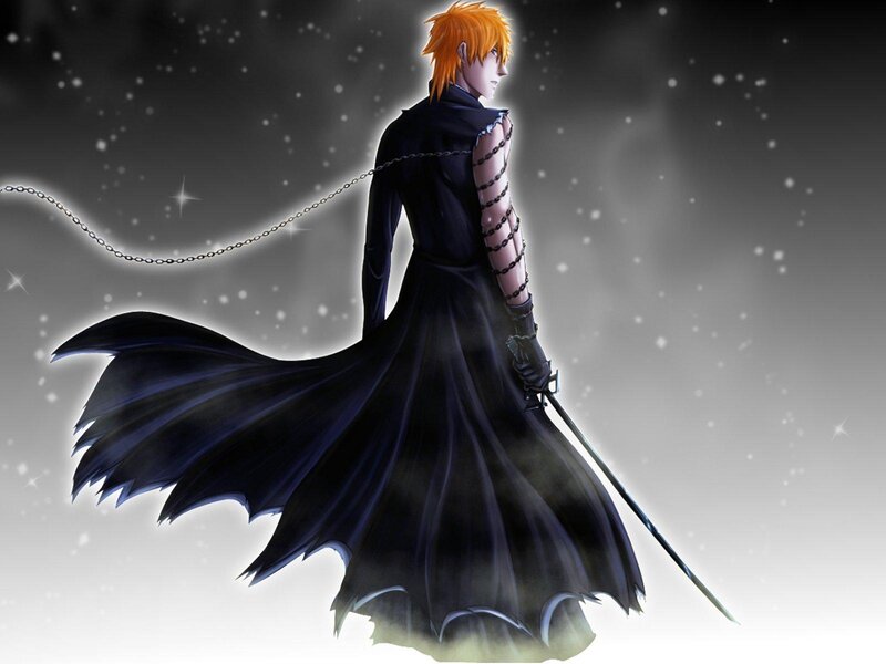 Anime Character with Sword — Black, Dramatic, Night, Digital Art, Chains, Cape