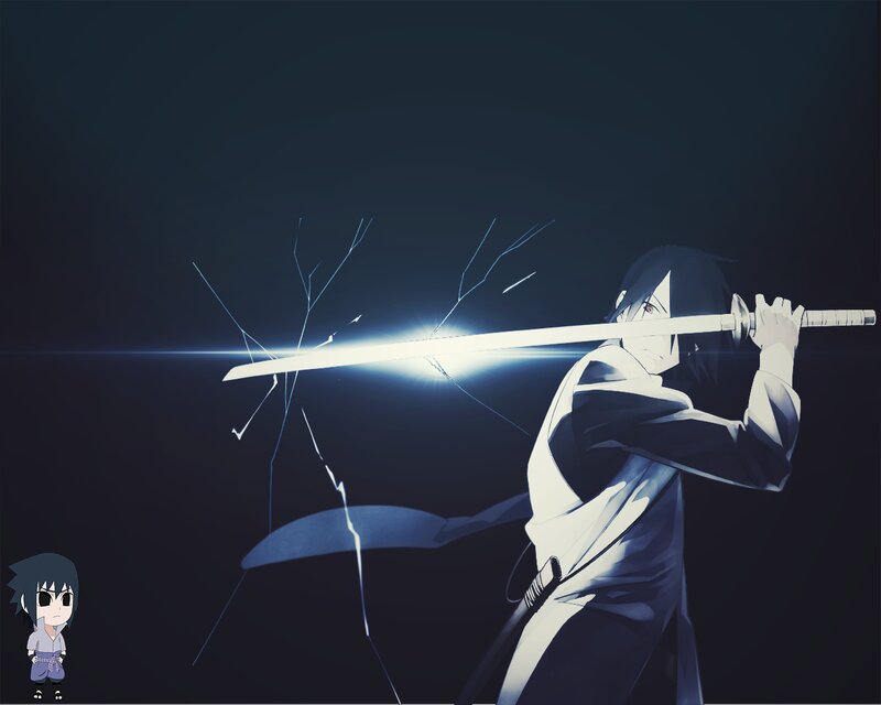 Anime Character with Sword — Black, Dramatic, Night, Digital Art, Chibi Figure