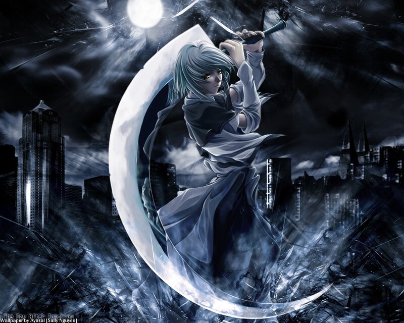 Anime Character with Sword — Black, Dramatic, Night, Digital Art, City Skyline, Moon