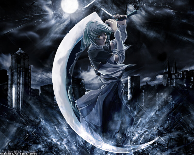 Anime Character with Sword — Black, Dramatic, Night, Digital Art, City Skyline