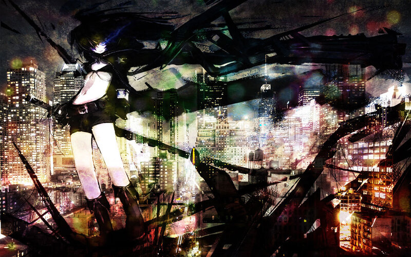 Anime Character with Sword — Black, Dramatic, Night, Digital Art, Cityscape