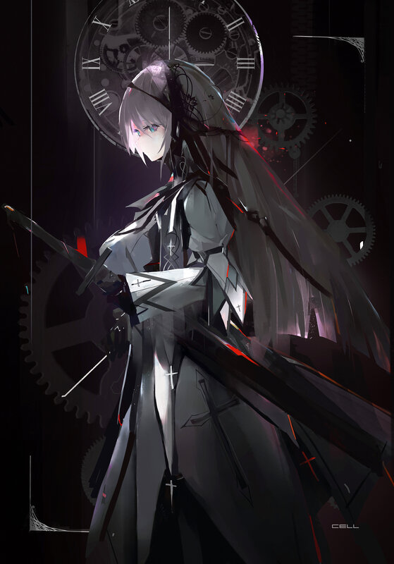 Anime Character with Sword — Black, Dramatic, Night, Digital Art, Clock