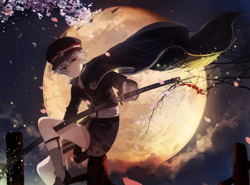 Anime Character with Sword — Black, Dramatic, Night, Digital Art, Moon, Cherry Blossoms