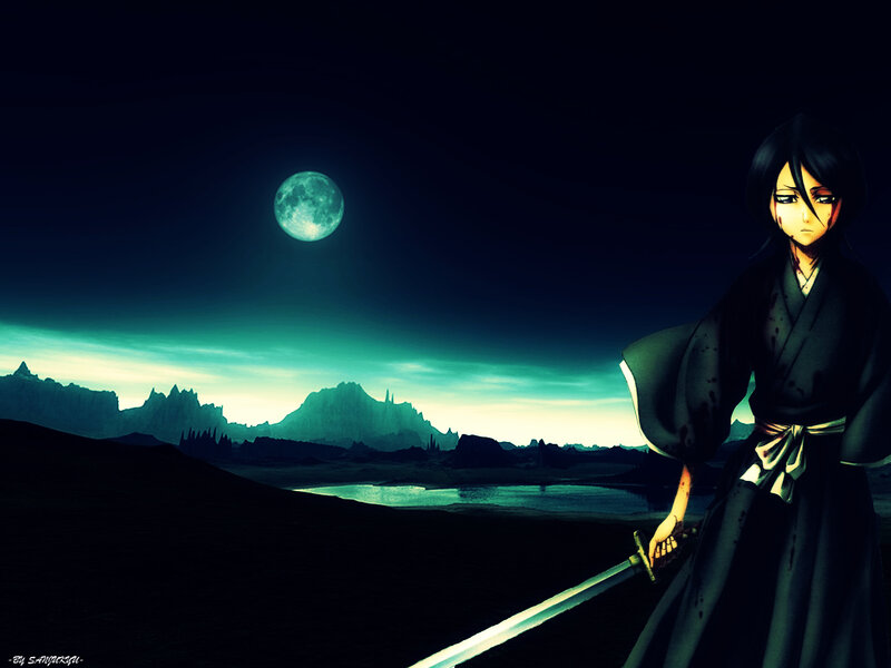 Anime Character with Sword — Black, Dramatic, Night, Digital Art, Moon
