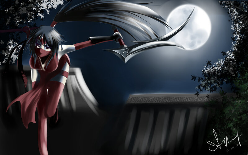 Anime Character with Sword — Black, Dramatic, Night, Digital Art, Moon, Trees