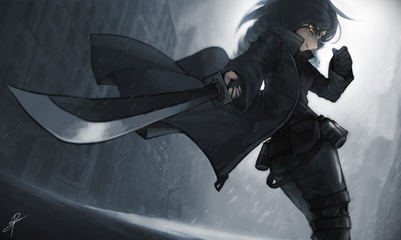 Anime Character with Sword — Black, Dramatic, Night, Digital Art, Rain