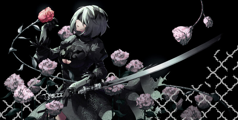 Anime Character with Sword — Black, Dramatic, Night, Digital Art, Roses