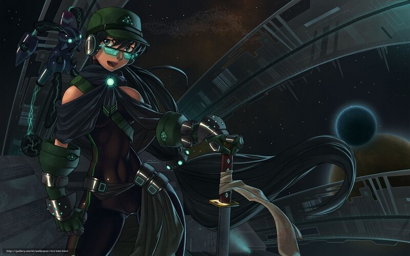 Anime Character with Sword — Black, Dramatic, Night, Digital Art, Space Station
