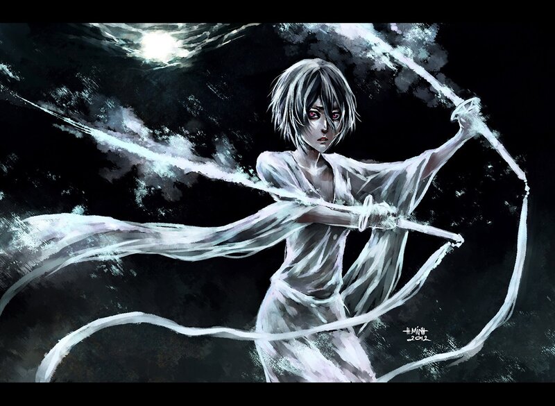 Anime Character with Sword — Black, Dramatic, Night, Digital Art, White Cloth