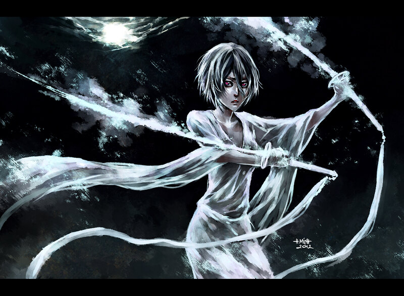 Anime Character with Sword — Black, Dramatic, Night, Digital Art, White Robe