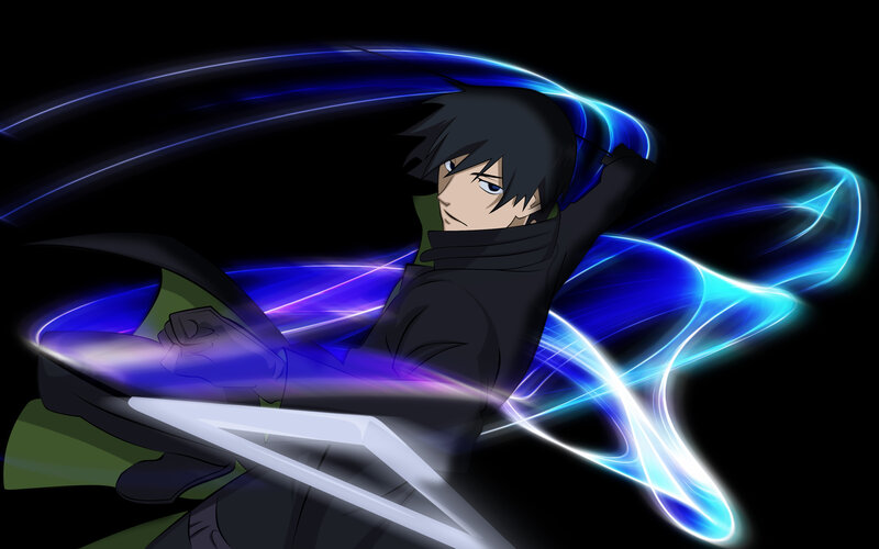 Anime Character with Sword — Black, Dramatic, Night, Energy Effects, Dark Background, Blue