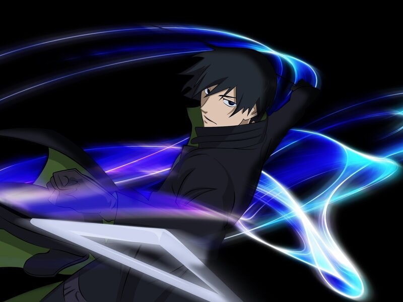 Anime Character with Sword — Black, Dramatic, Night, Energy Effects