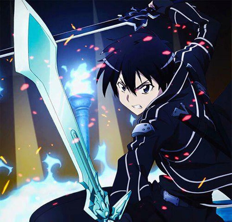 Anime Character with Sword — Black, Dramatic, Night, Fire, Armor