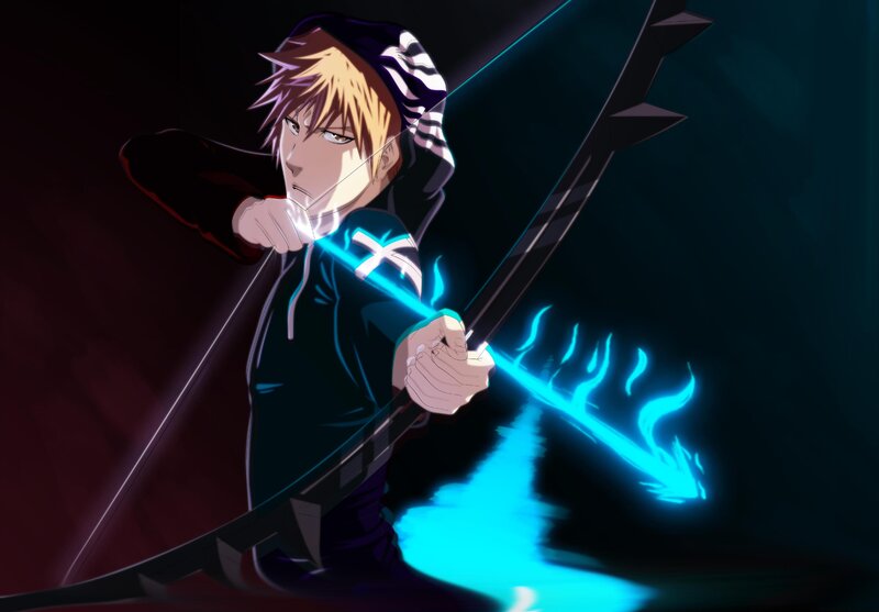 Anime Character with Sword — Black, Dramatic, Night, Glowing Blue Energy
