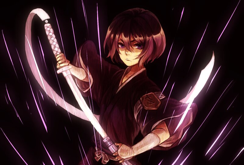 Anime Character with Sword — Black, Dramatic, Night, Kimono