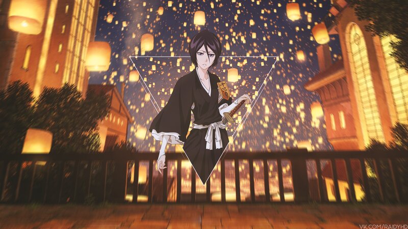 Anime Character with Sword — Black, Dramatic, Night, Lanterns, Building