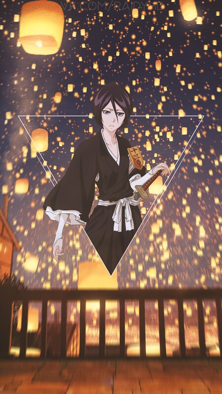 Anime Character with Sword — Black, Dramatic, Night, Lanterns
