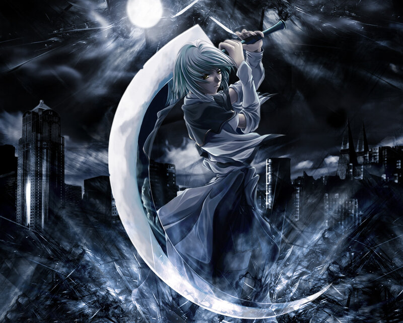 Anime Character with Sword — Black, Dramatic, Night, Manga, Cityscape, Moon