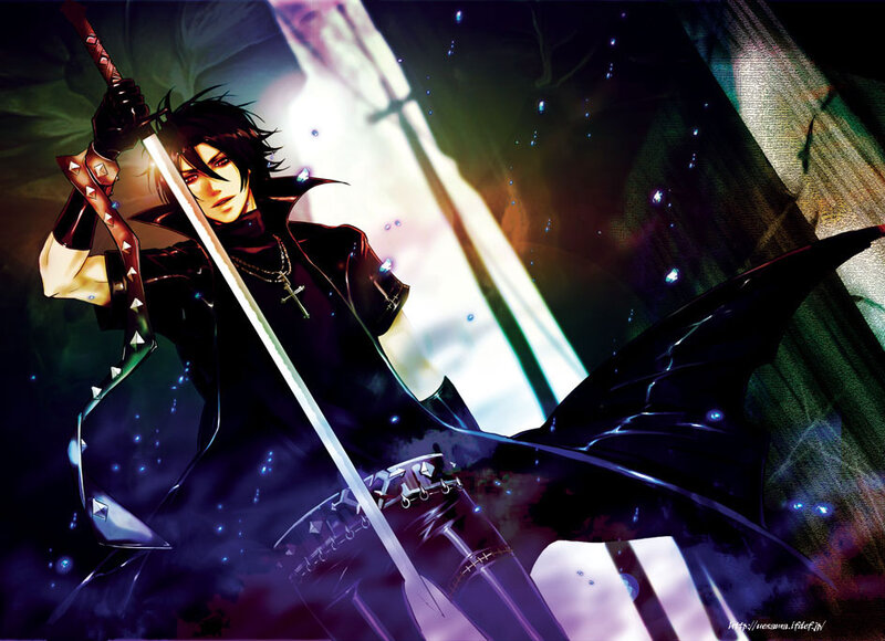 Anime Character with Sword — Black, Dramatic, Night, Manga, Cross Necklace