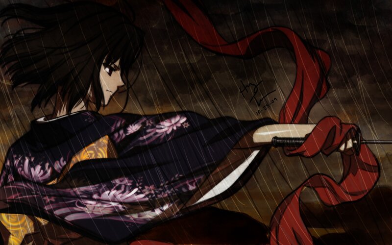 Anime Character with Sword — Black, Dramatic, Night, Manga, Rain