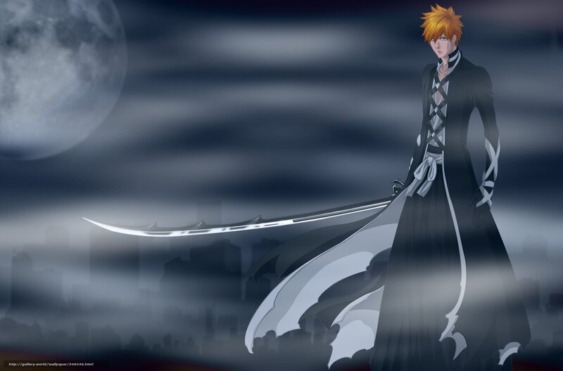 Anime Character with Sword — Black, Dramatic, Night, Moon, Cityscape