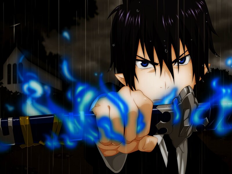 Anime Character with Sword — Black, Dramatic, Night, Rain, Blue Energy