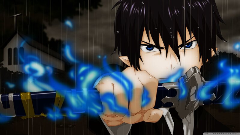 Anime Character with Sword — Black, Dramatic, Night, Rain, Church