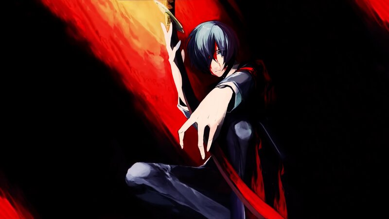 Anime Character with Sword — Black, Dramatic, Red Cape