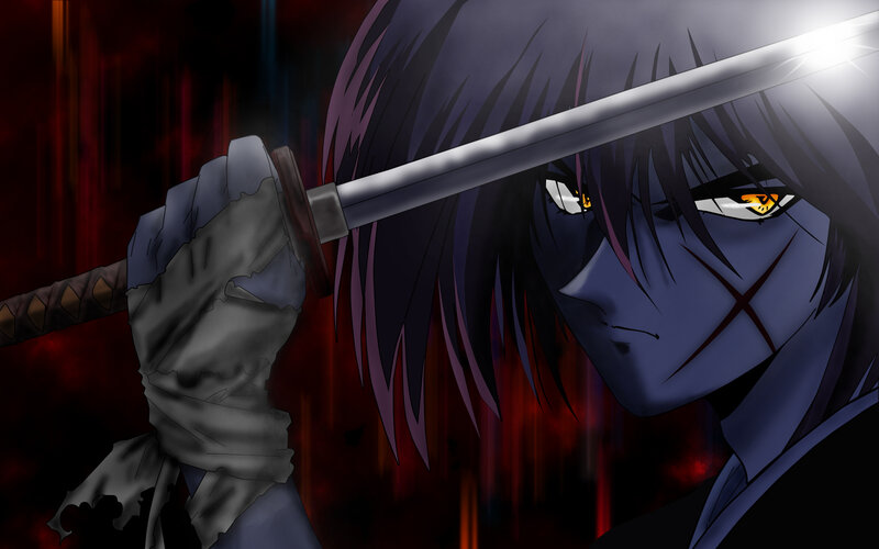 Anime Character with Sword — Black, Dramatic, Scar