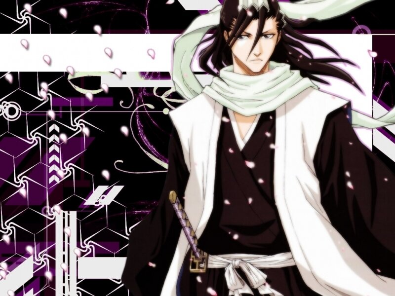 Anime Character with Sword — Black, Dramatic, Scarf, Cherry Blossoms, White, Purple