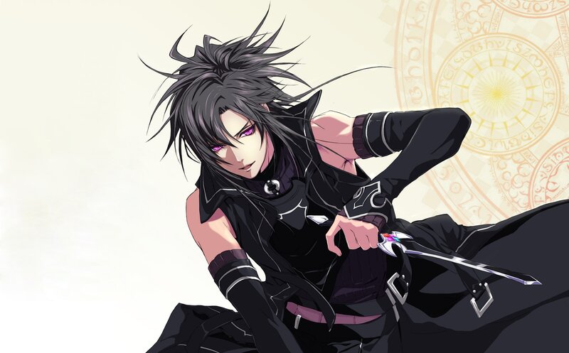Anime Character with Sword — Black, Dramatic, Spiky Hair, Purple Eyes