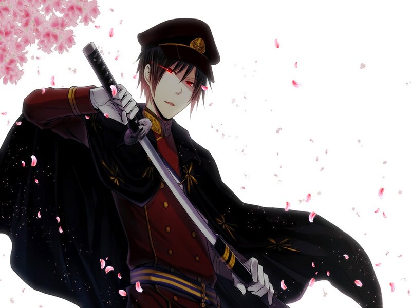 Anime Character with Sword — Black, Dramatic, Spring, Cherry Blossoms, Military Uniform