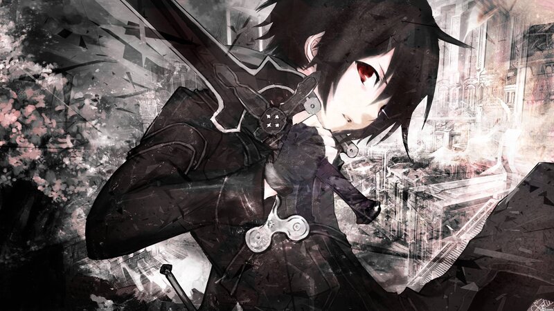 Anime Character with Sword — Black, Dramatic, Spring, Digital Art, Cherry Blossoms