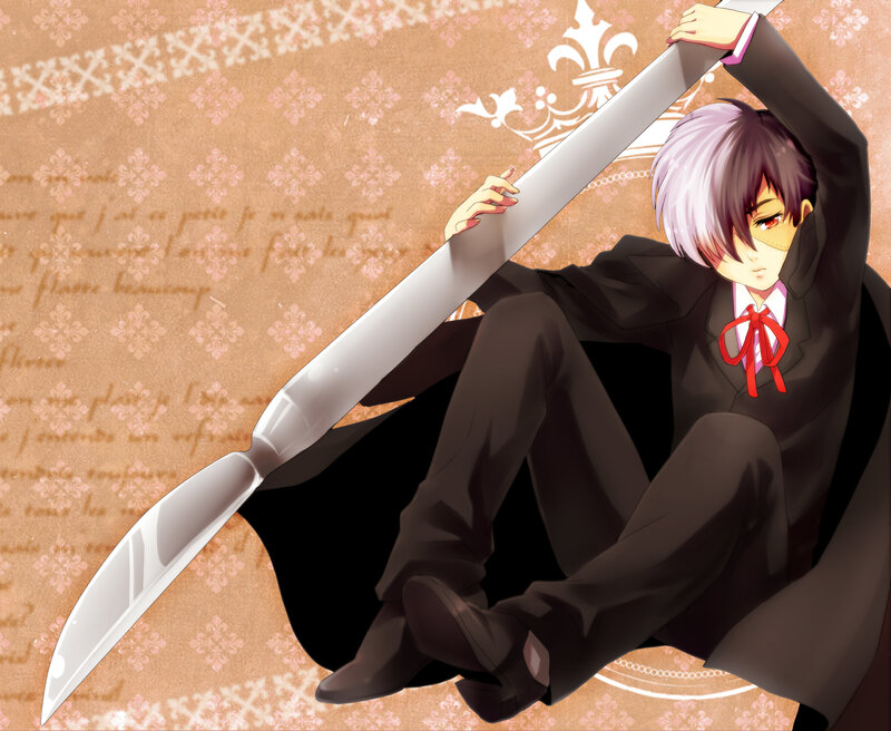 Anime Character with Sword — Black, Dramatic, Suit