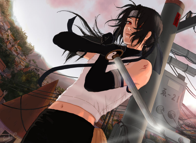 Anime Character with Sword — Black, Dramatic, Sunset, Digital Art