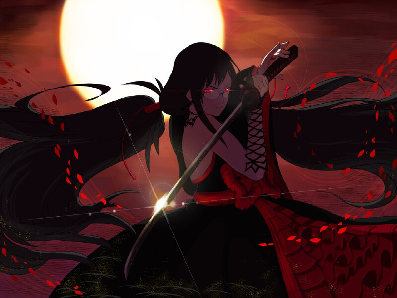 Anime Character with Sword — Black, Dramatic, Sunset
