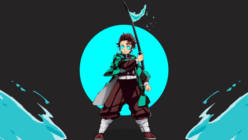 Anime Character with Sword — Black, Dramatic, Water Splash