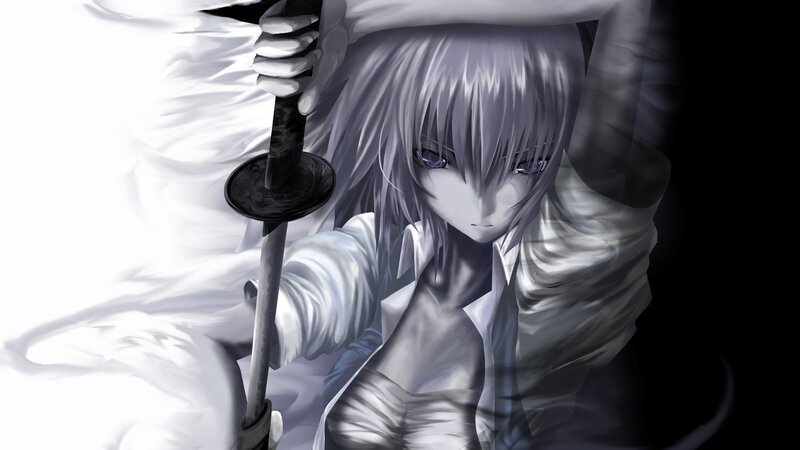 Anime Character with Sword — Black, Dramatic, White Cloak