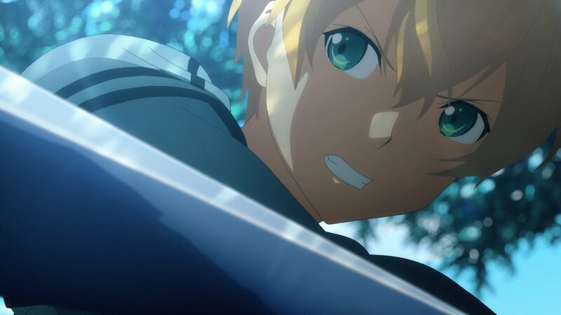Anime Character with Sword — Blue, Dramatic, Afternoon, Green Eyes