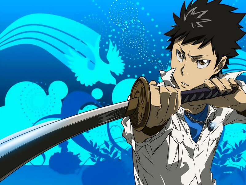 Anime Character with Sword — Blue, Dramatic, Bird Silhouette