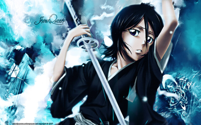 Anime Character with Sword — Blue, Dramatic, Black Hair, Kimono