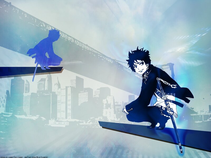 Anime Character with Sword — Blue, Dramatic, City Skyline, Bridge