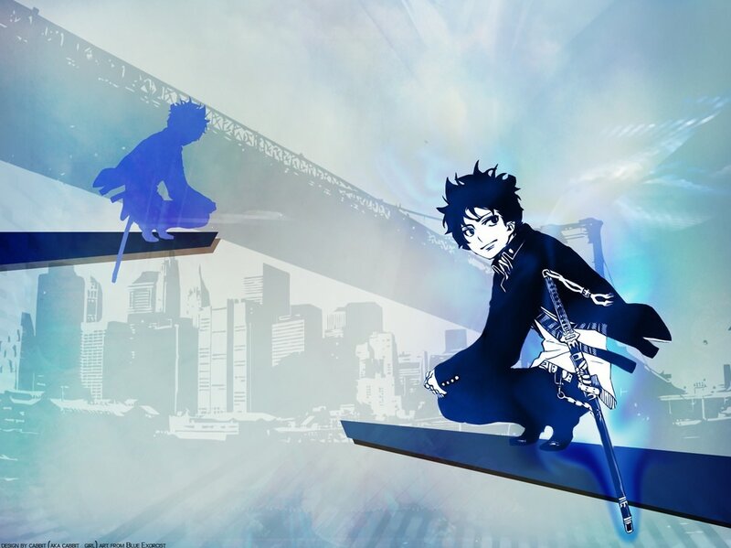 Anime Character with Sword — Blue, Dramatic, City Skyline